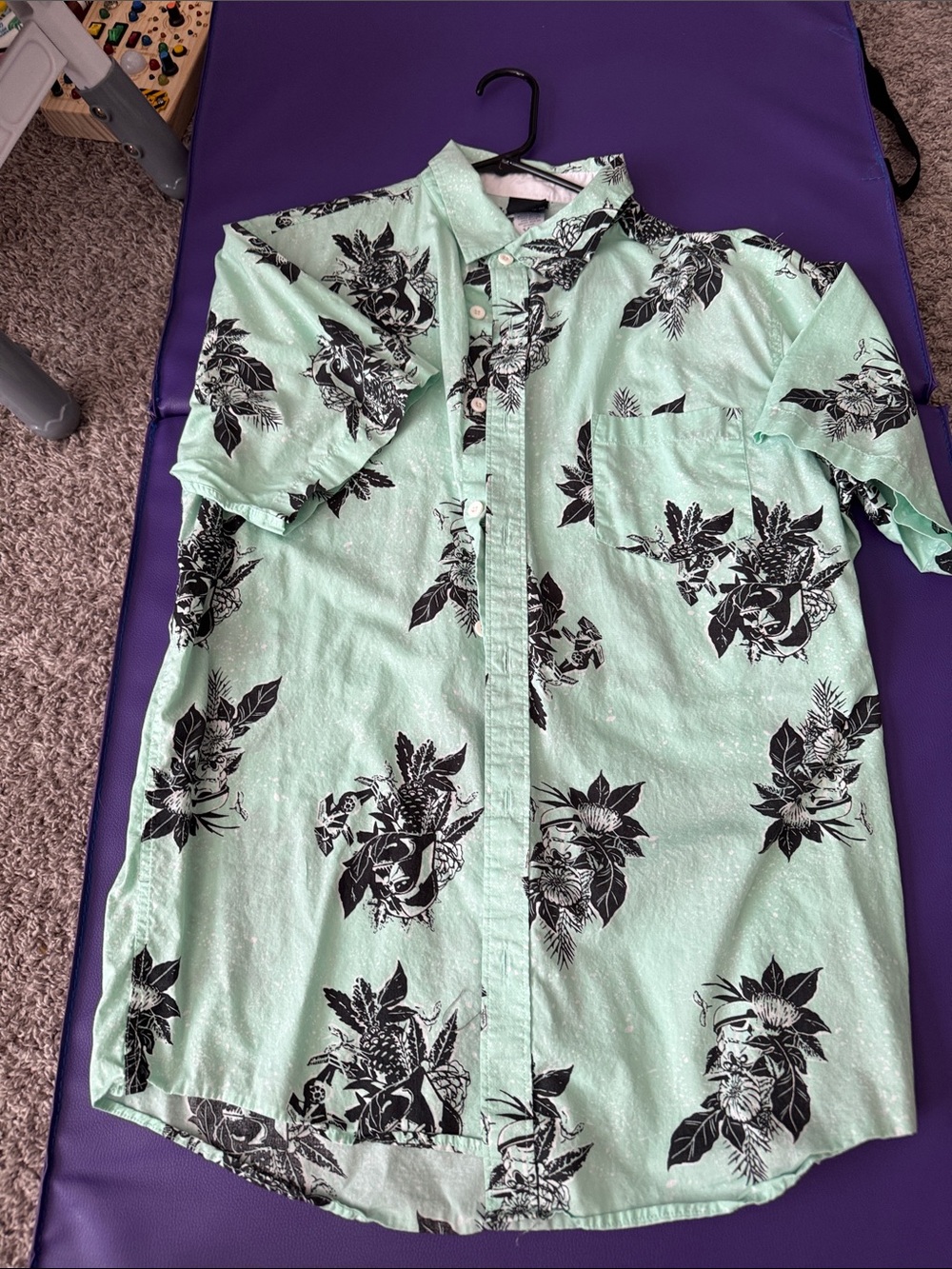 Star Wars Mint Green Short Sleeve Button-Down with Black Floral Print